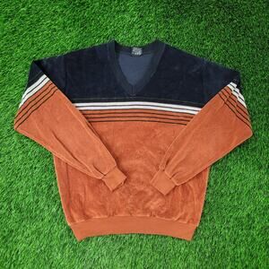 Vintage 80s Campus MOD Velour Sweater Womens Large 22x23 Brown Blue